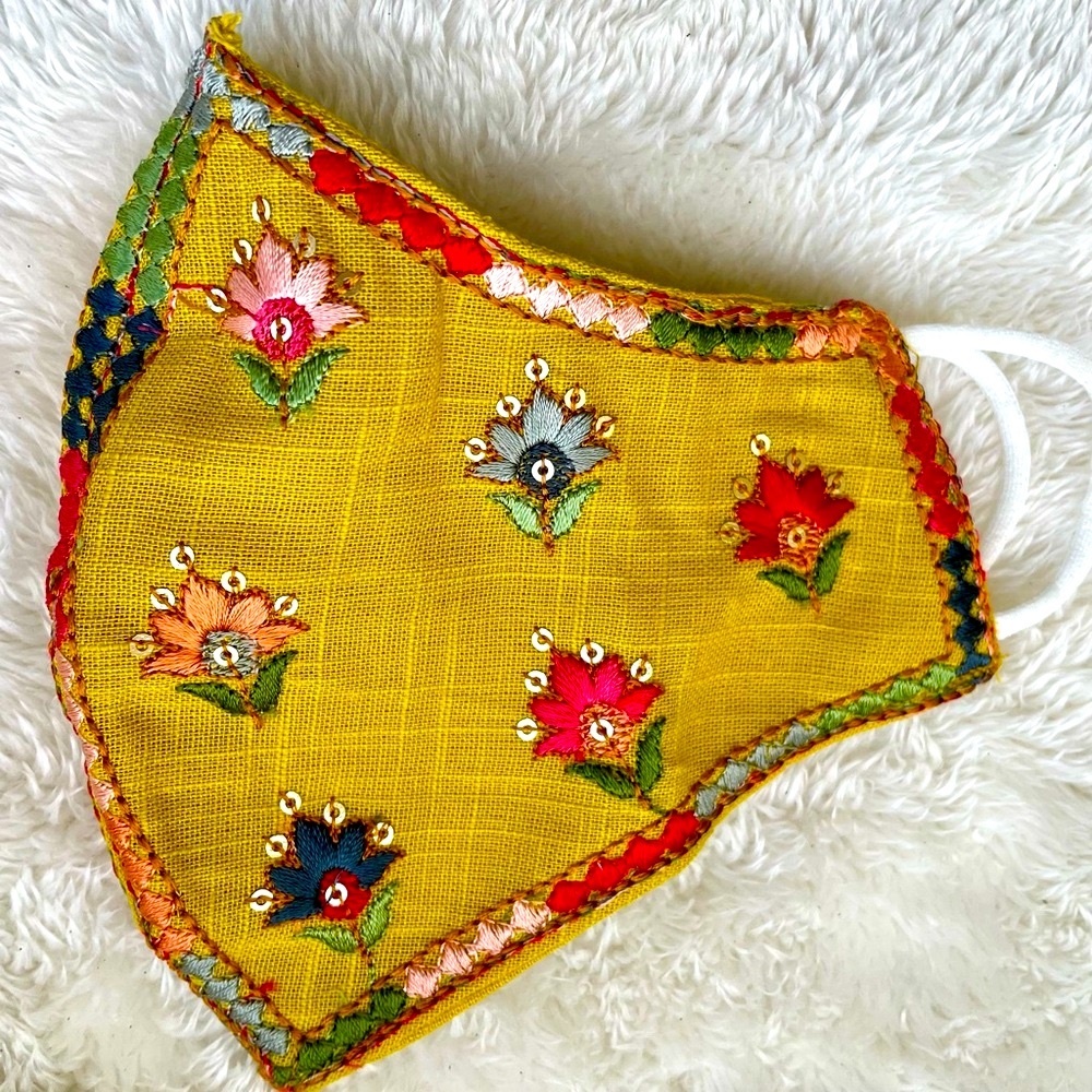 Pure linen face mask - hand embroidered-Mustard/Gold